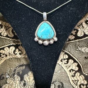 VTG 925 Sterling Silver Chain w/ Turquoise Pendant signed Lutz Whitebird
